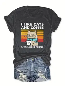 Women's cat & letter print crew neck tee, soft short sleeve, casual daily wear for summer