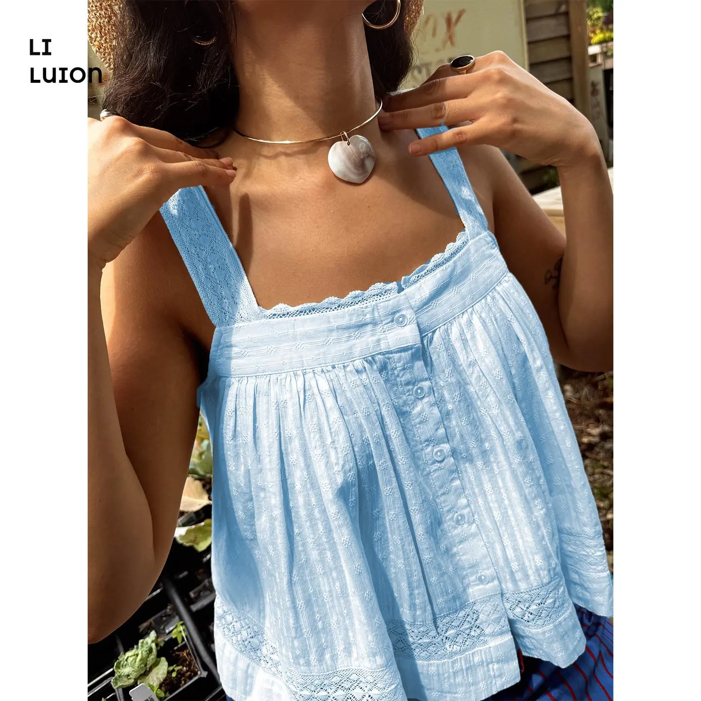 Women Y2k Lace Top Front Buttons Sleeveless Peplum Babydoll Crop Top Summer Loose Flowy Mesh Vest Shirt