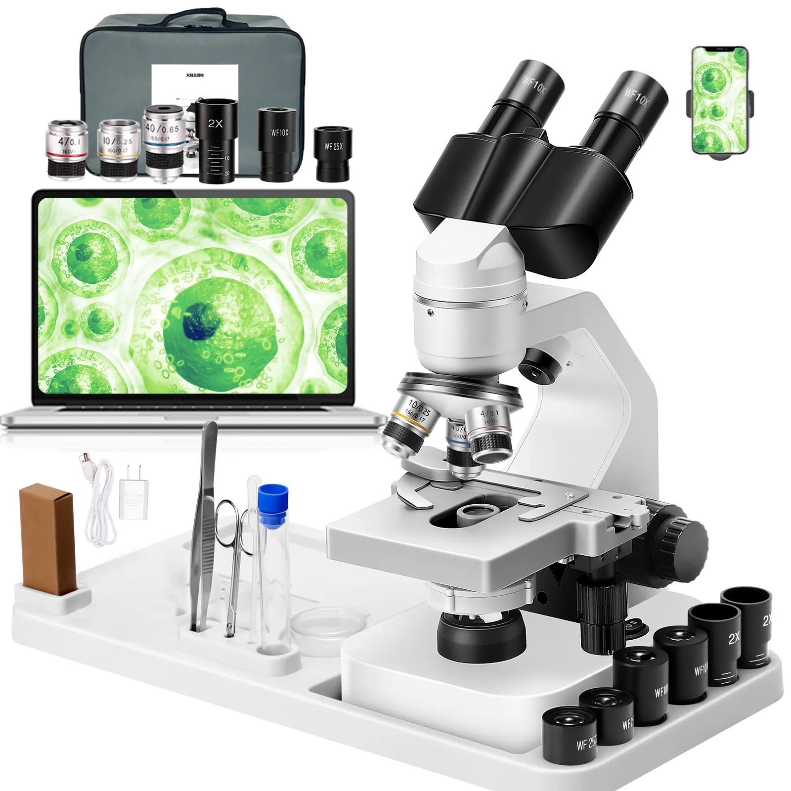 Research-Class Compound Microscope for Adults, 40x-2000x Magnification, WF10x & WF25x Eyepieces, Dual LED Lighting, 2-Layer Mechanical Stage, Laptop Mount Microscopes