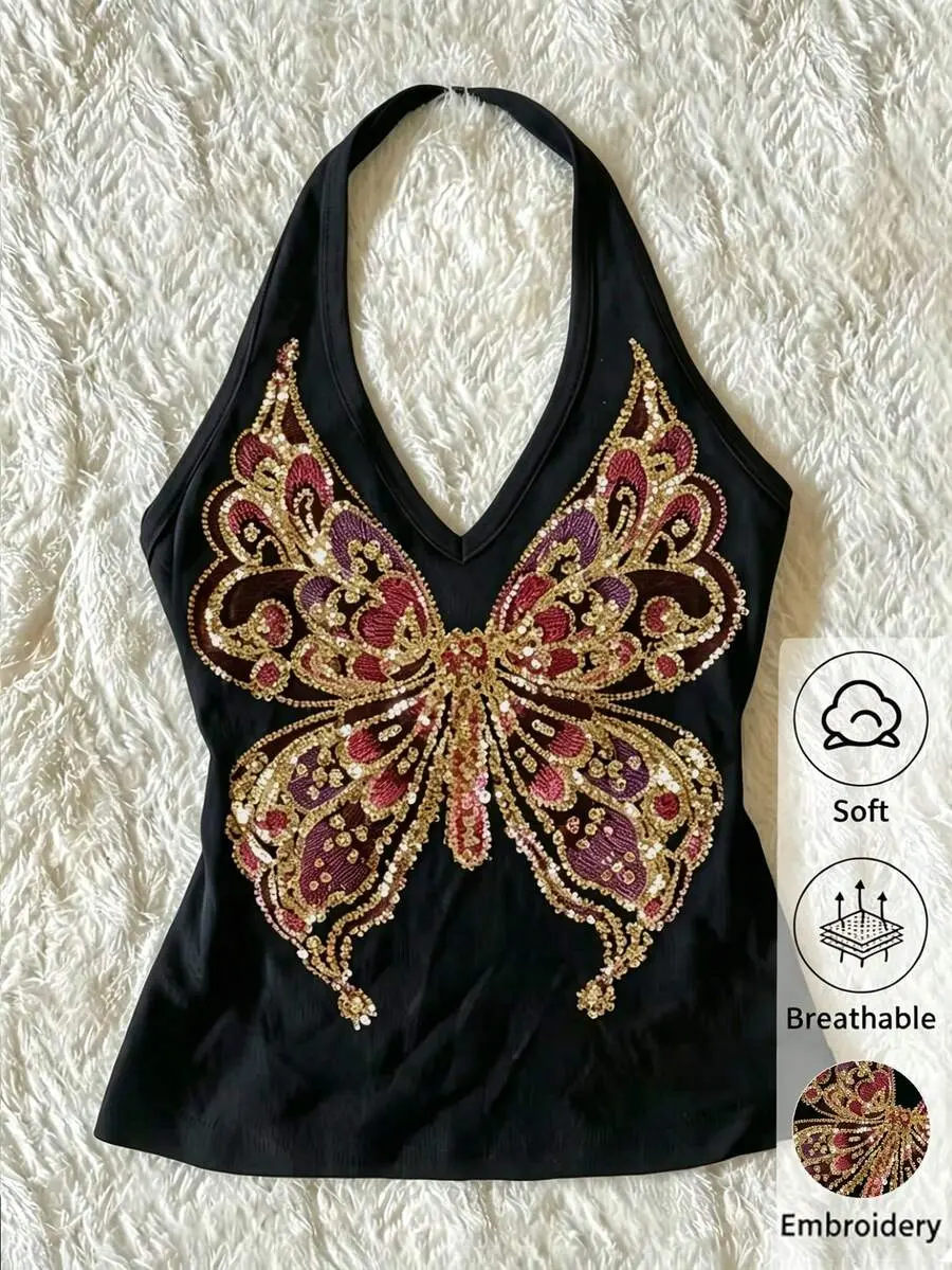 Women's Y2K Retro Sequin Butterfly Beaded Embroidered Knit Halter Neck Camisole Black Casual Summer