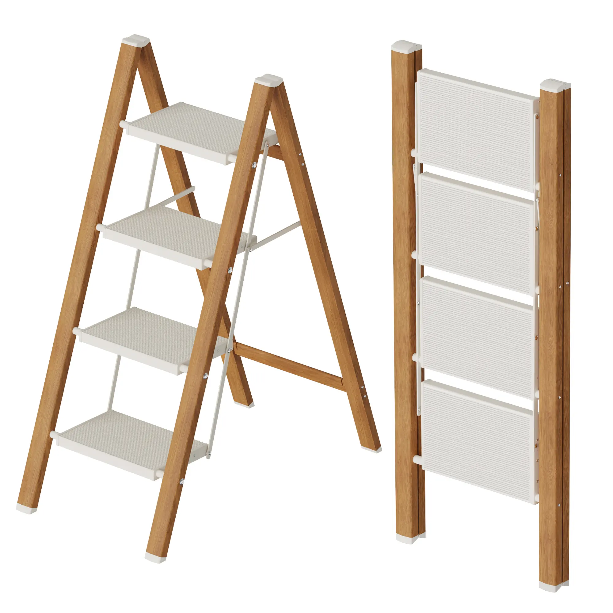 4 White wooden household aluminum folding ladder. Equipped with widened anti-slip steps. Can bear 150 kilograms. Has been treated for rust prevention. Suitable for both indoor and outdoor use. Can be used as a bookshelf, flower stand or storage rack.