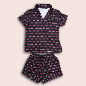 Pink Shore Store License Plate Pajama Set – Black Satin Feel | Ultra-Soft Matching Shirt + Shorts | Iconic Jersey Shore Print | Unisex Fit | Sleep in Style | Sizes Up to 2XL