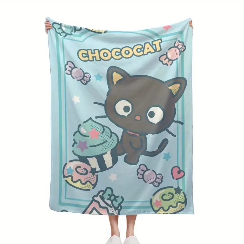 Pastel Chococat Food-Themed Flannel Throw Blanket - Single-Sided Choco Print, Super Soft All-Season Bedding, Cartoon Mascot Animal Character Art Colorful Throw Blankets for Home Bedroom/Couch Decor, Character Art Blankets