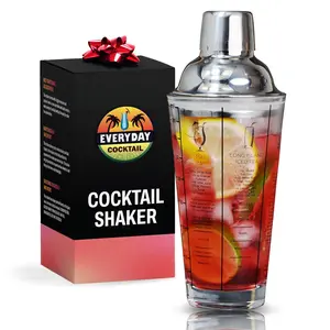 EVERYDAY COCKTAIL - Professional Glass Cocktail Shaker 14 oz, Martini Shaker with Recipes and Measurements, Built-in Strainer and Leakproof Seal, Clear Bar Tool for Margaritas, Martinis