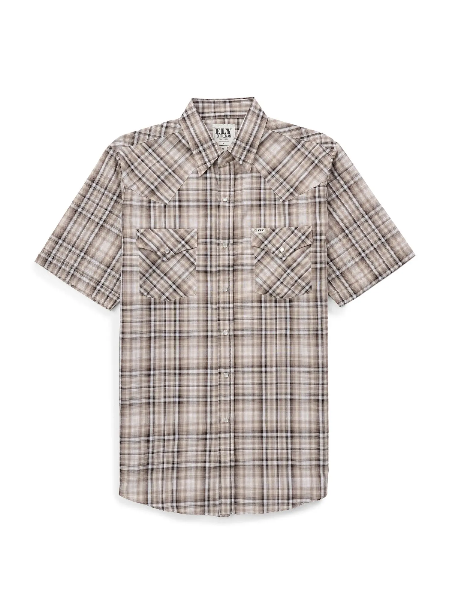 Men's Classic Ely Cattleman Short Sleeve Plaid Western Snap Shirt, Menswear Tops with Functional Pocket and Durable Fabric, Shortsleeve, Polyester, Breathable, Casual, Checked, Traditional, Male Clothing, Western Style, Casual Wear