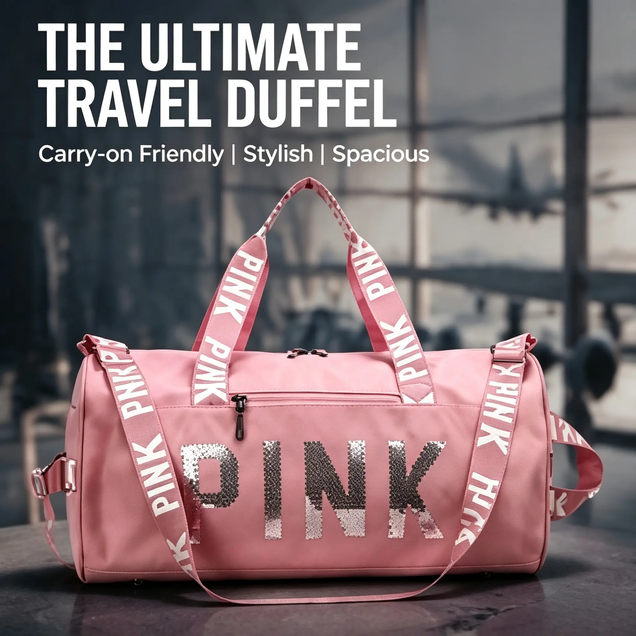 Waterproof Large-Capacity Sports Duffle Bag; Trendy Crossbody Shoulder Bag With Shiny Sequined Pink Letter Print, Lightweight Silhouette,Ample Storage Space, Perfect For Weekend Short Trips And Daily Outdoor Adventures Checkerboard Leather Travel Duffel