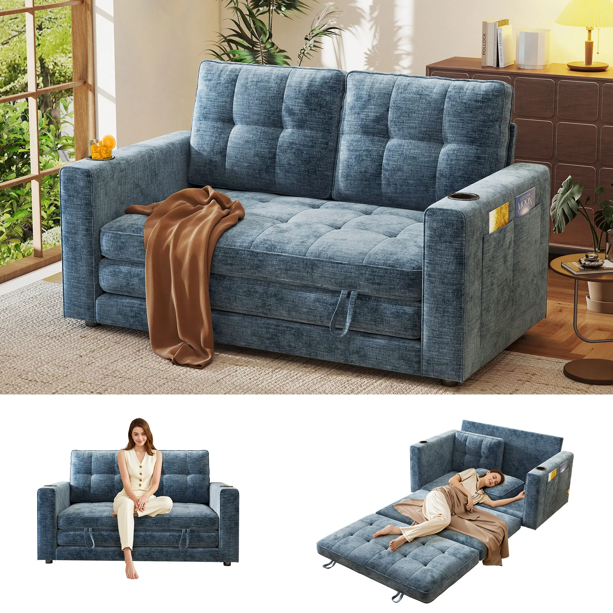 GuroMagicSofa 55-in Elizabeth 5-in-1 Convertible Sleeper Sofa Bed - Deep Seat Chenille Modular Floor Sofa, Pull-Out Guest Bed, No-Assembly Space-Saving Living Room Furniture for Apartments, 55 Inches