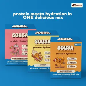 Sousa, Variety Pack Protein + Hydration Mix, 20g Whey Protein + 1500mg Electrolytes, 42 Packets, 3 Boxes, Fitness & Daily Wellness, Muscle Recovery & Hydration Support