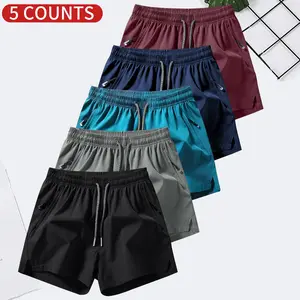 Men's Solid Color Casual Shorts Five-Piece Set, With Zipper Pockets, Summer Fashion Drawstring Sports Shorts, Suitable For Gym And Outdoor Wear