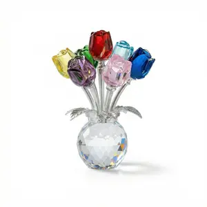 Colorful Crystal Rose Flower Figurine with Vase – Handmade K9 Crystal Bouquet Desk Decor Gift for Women