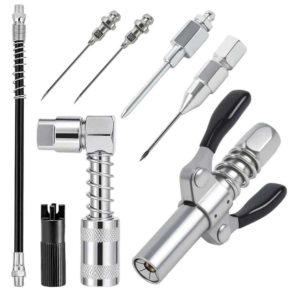 9 Packs Grease Gun Tips, Grease Gun Fittings, Grease Gun Coupler, 90 Degree Grease Gun Coupler, Grease Gun Hose, Zerk Fitting Cleaner, Grease Needle Nozzles, Grease Filling Nozzle and Grease Tip