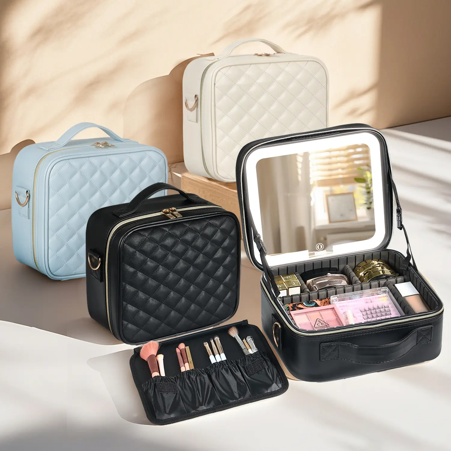 Makeup Bag with Light Up Mirror, 10in 12in Makeup Case Travel Cosmetic Bags Brush Organizer Storage Box, Rechargeable Vanity Mirror with 3 Color Lights, High Frame Mirror Protection (Black) Compact