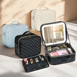 Makeup Bag with Light Up Mirror, 10in 12in Makeup Case Travel Cosmetic Bags Brush Organizer Storage Box, Rechargeable Vanity Mirror with 3 Color Lights, High Frame Mirror Protection (Black)