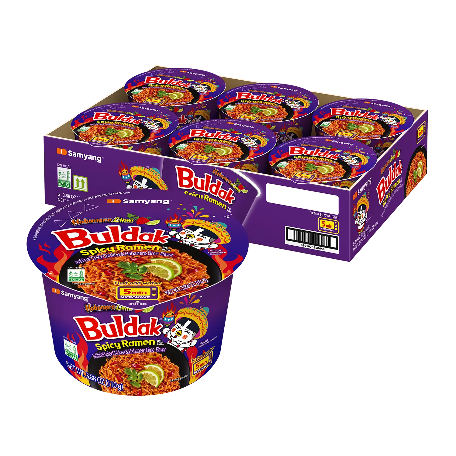 Buldak Pack of 6 Habanero Lime Hot Chicken Spicy Flavor Korean Instant Ramen Noodle Big Bowl Easy Prep Convenient