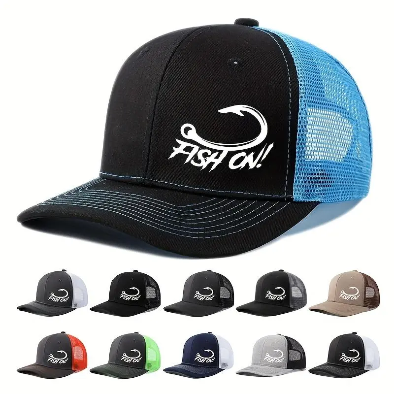 Fish On Fish Hook Graphic Print Trucker Hat, Unisex Breathable Mesh Back Snapback Baseball Cap, Adjustable Outdoor Sun protection Hat brim for Fishing Hunting Camping gift
