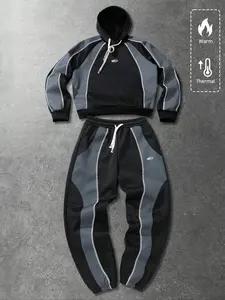 Oversized Color Block 2-Piece | Black & Gray Patchwork Hoodie + Jogger Pants | Contrast Stitching & Drawstring Design | Gen Z Streetwear Outfit for Winter Casual & Daily Errands | Sweatsuit Sets