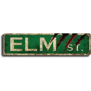 Vintage Metal Tin Horror Movie Decor - Elm Street Sign, 4x16 inch - Bathroom & Bedroom Decor for Men's Man Cave Decorative Plaque Wall