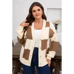 Khaki Checkered Ribbed Texture Knit Plus Size Cardigan Sweater