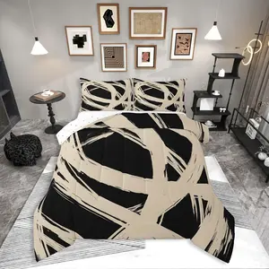 Beige and Black Striped Bedding Set,Contemporary Boho Modern Art Comforter Set,Graffiti Stripes Lines Quilt,Aesthetic Geometric Duvet Insert