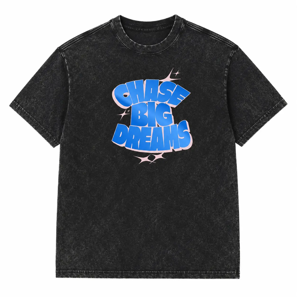 Chase Big Dreams Graphic T-Shirt - Washed Black Blue Pink Print - Unisex Short Sleeve Crewneck Soft Cotton Heavyweight Casual Streetwear Tee Tops - 3D Bubble Letters Pink Sparkles Vintage Oversized Outfit Men Women Trendy Gifts 3571