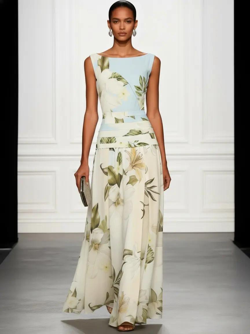 FEHAUTE Summer Wedding Guest Dress Garden Party Vacation Floral Maxi Dress Elegant Boat Neck Ruched Waist A-Line Fully Lined Blue Womenswear