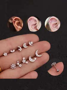 Women's Elegant Rhinestone Decor Star & Moon Design Stud Earrings, 10pcs/set Trendy Exquisite Stud Earrings, Chic Gorgeous Jewelry