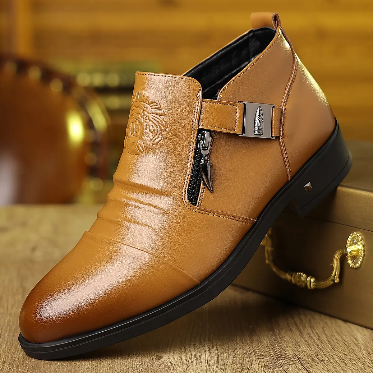 Men's Leather Formal Cuban Heel Boots - Embossed Details, Zipper, Buckle Decoration - Work-Focused Fashion Footwear for Business, Office Wear, Shoe, Chic
