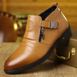 Men's leather formal boots with embossed details, zipper, and buckle decoration - business, formal events & everyday wear fashion boots