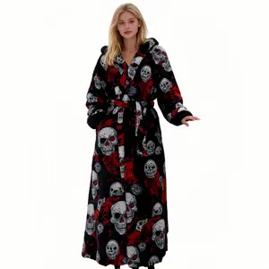 Hooded Bathrobe with Unique Pumpkin & Skull Patterns Long Sleeve Sherpa Lined for All Seasons Cozy Comfort Gothic Rock Style Soft Premium Cotton Material Nightwear