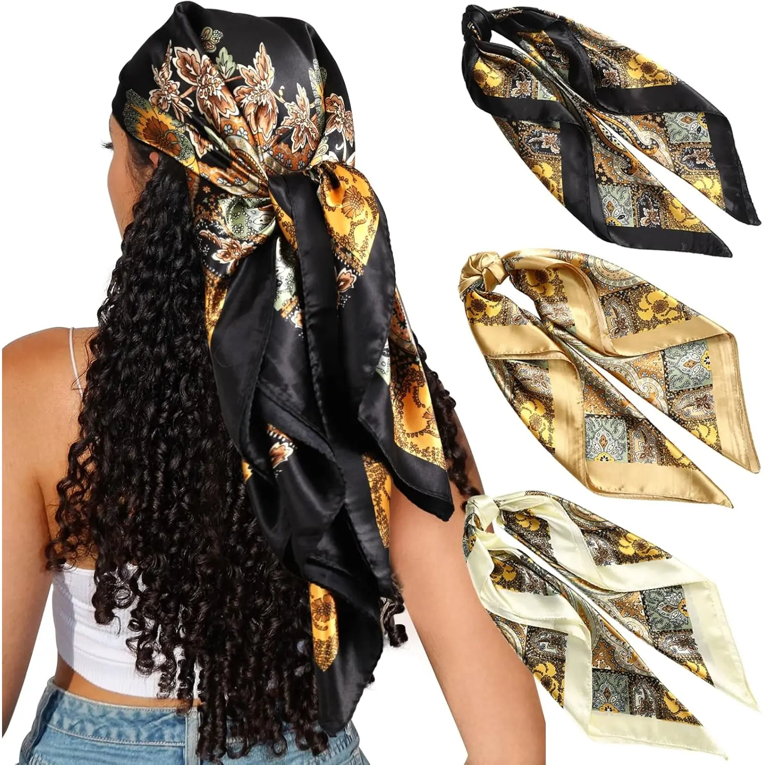 3Pcs 35" Satin Square Hair Scarf Bandanas Large Silk Head Scarves Lightweight Satin Hair Kerchief Sleeping Hair Wraps - Home Improvement.