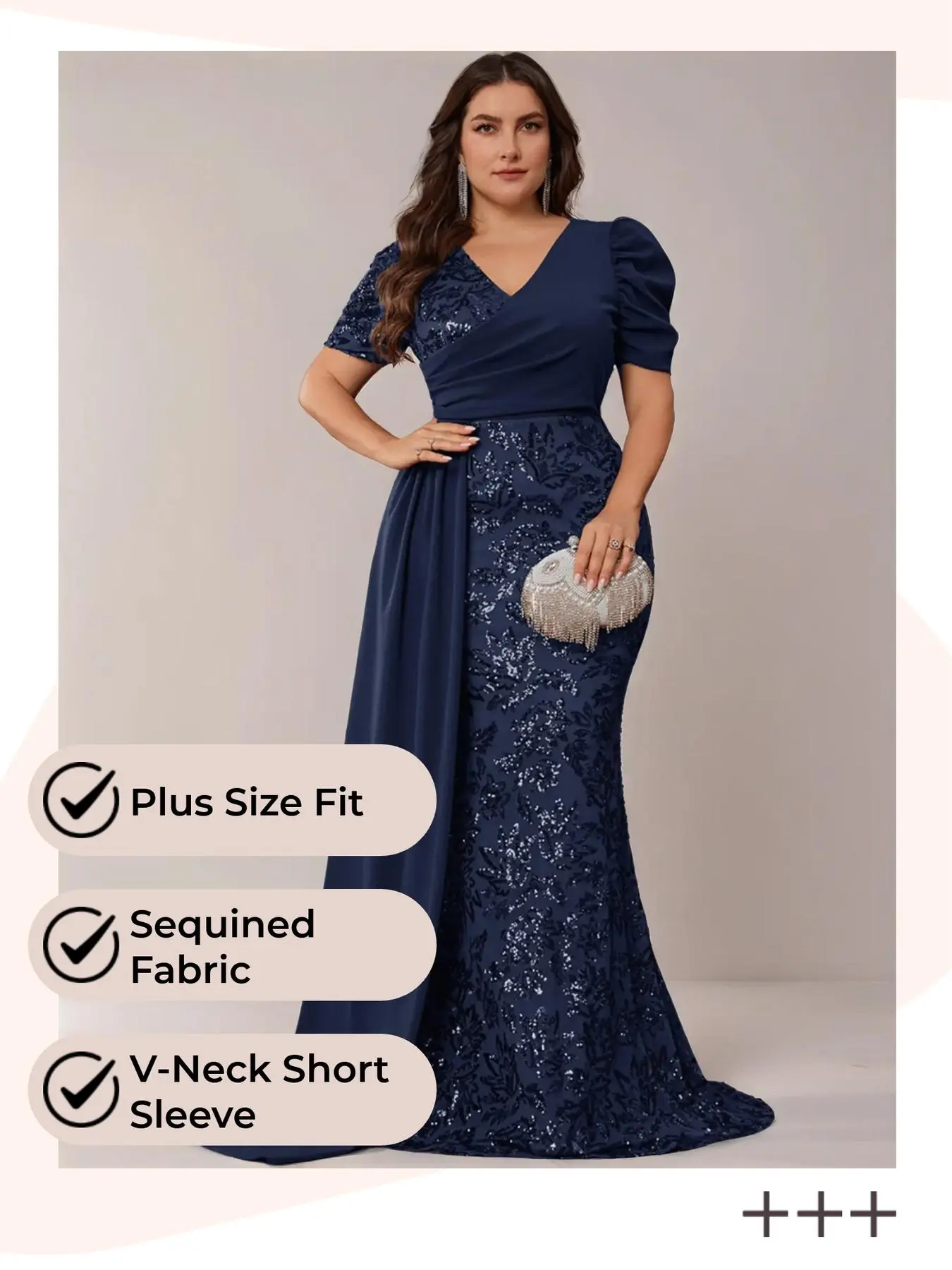 [Plus Size] Slim Fit Plain Jacquard Sequins Fabric Formal Evening Dress, Elegant Classy V Neck Short Sleeve Dress for Party & Banquet, Women's Clothes for Spring & Fall, Womenswear
