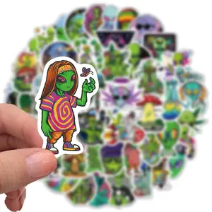 50PCS Psychedelic Green Alien Graffiti Stickers Waterproof DIY Decal Set for Luggage Motorcycle Trolley Case