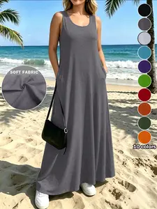 10 Color Options! Plus Size Women's Casual Loose Sleeveless Long Dress, Fabric Pocketed Flowy Maxi Dress, Beach Vacation Summer Daily Wear