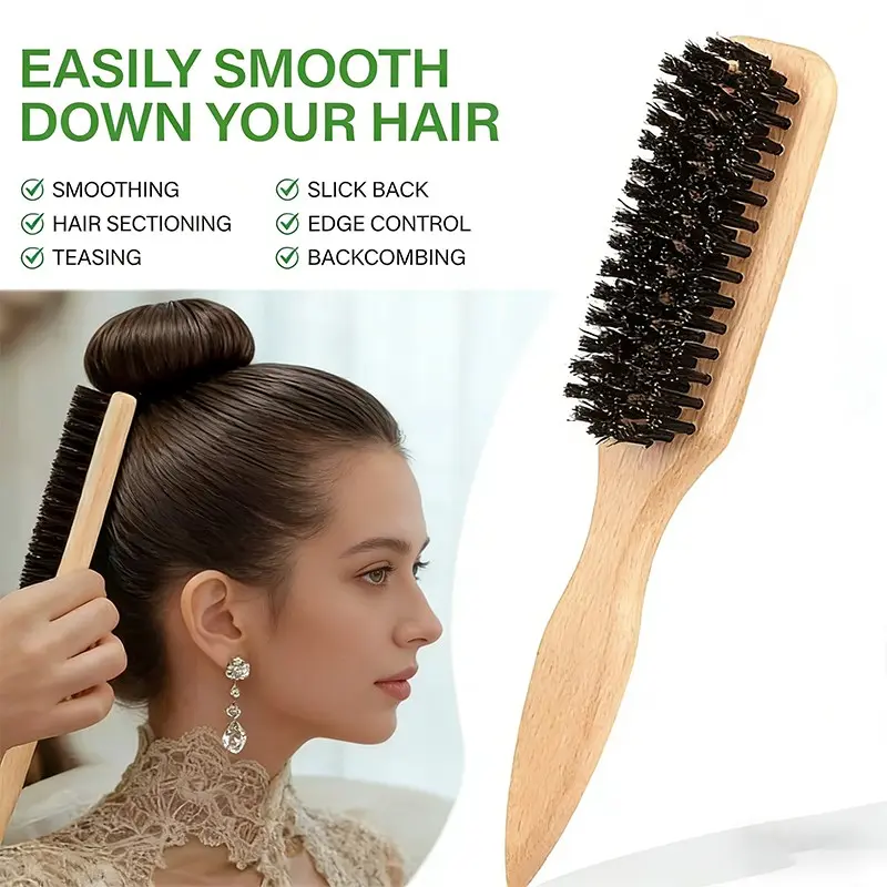2-In-1 Bristle Slick Back Hair Brush, Sleek Ponytails & Buns, Wide Rat Tail for Sectioning, Edge Control, Teasing, Backcombing, Natural Wood Handle, Bristles, Hair Styling Brush