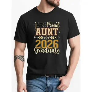 Women's Proud Aunt of a Class of 2026 Graduate T-Shirt - Golden & Black Graduation Cap & Diploma Design, Breathable  Crew Neck Casual Tee for Aunt Celebrations, Graduation Party Outfits & Casual Attire - Funny Aunt Gift Idea with Diploma-Wielding Cap