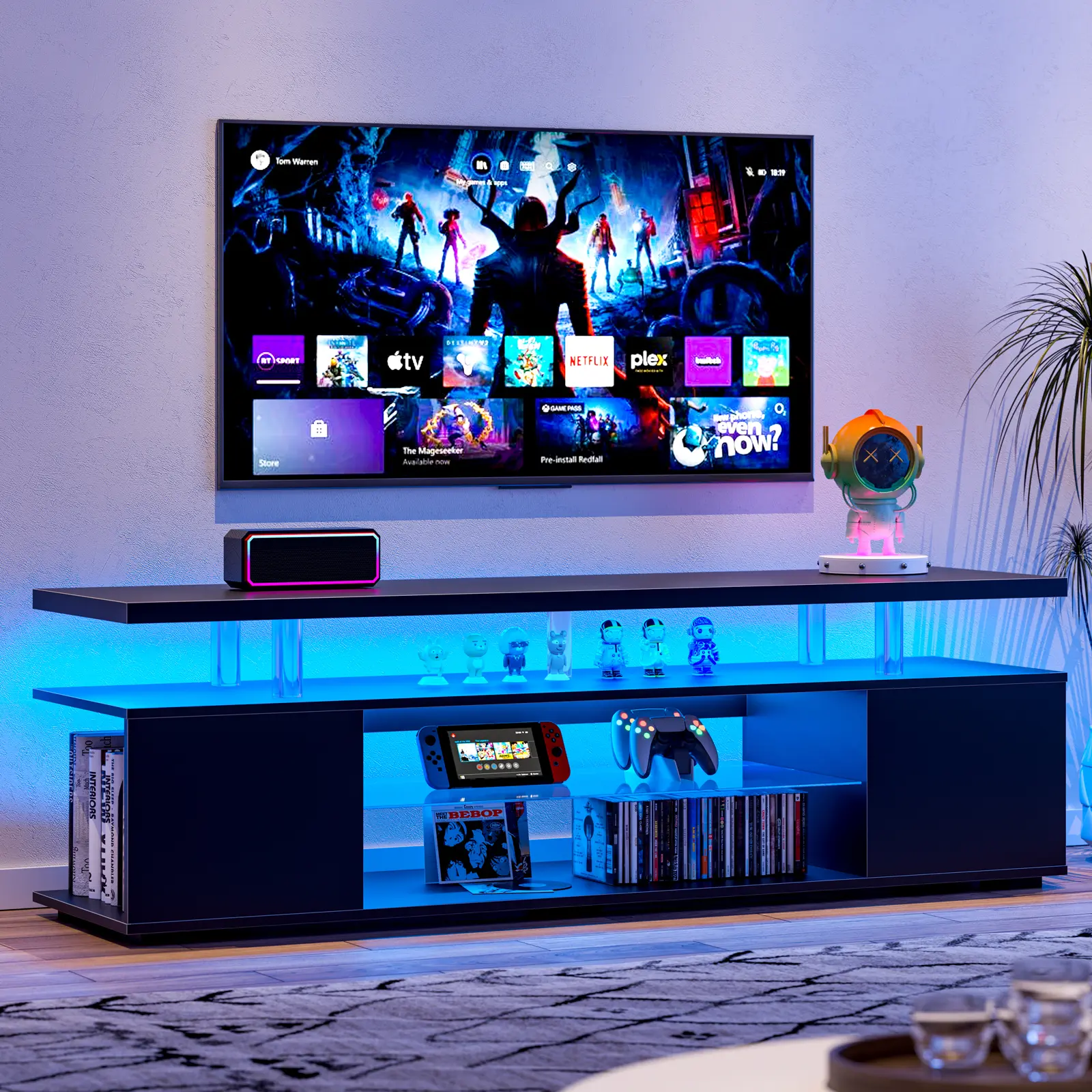 White TV Stand Compatible with 60-Inch LED TVs, Gaming Entertainment Center, Media Storage Console Table with Large Side Cabinet for Living Room & Bedroom, Bedroom Tv Stand