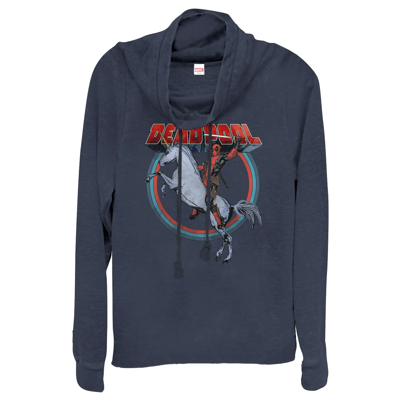 Juniors Womens Marvel Deadpool Rides Unicorn Cowl Neck Sweatshirt, Hoodie, Top