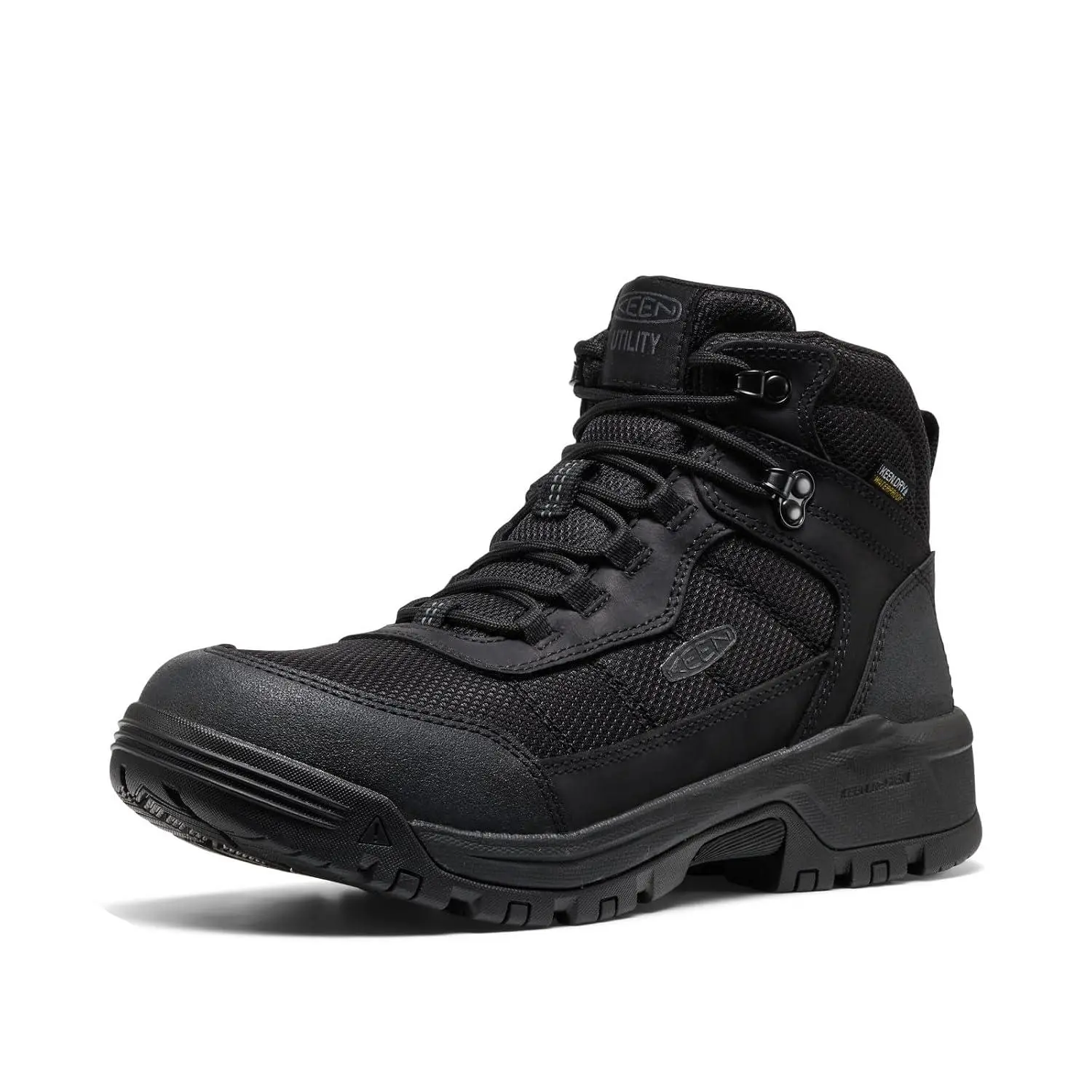 KEEN Utility Men's Skokie Hiker Style Mid Height Soft Toe 90 Degree Waterproof Work Boots, Black/Black, 7.5 D