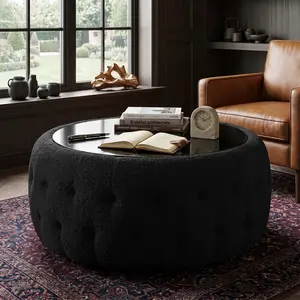 30.5" Round White Teddy Fabric Ottoman, Wood Tray + Hidden Storage, Multi-Functional Coffee Table/Footrest for Home Living Room