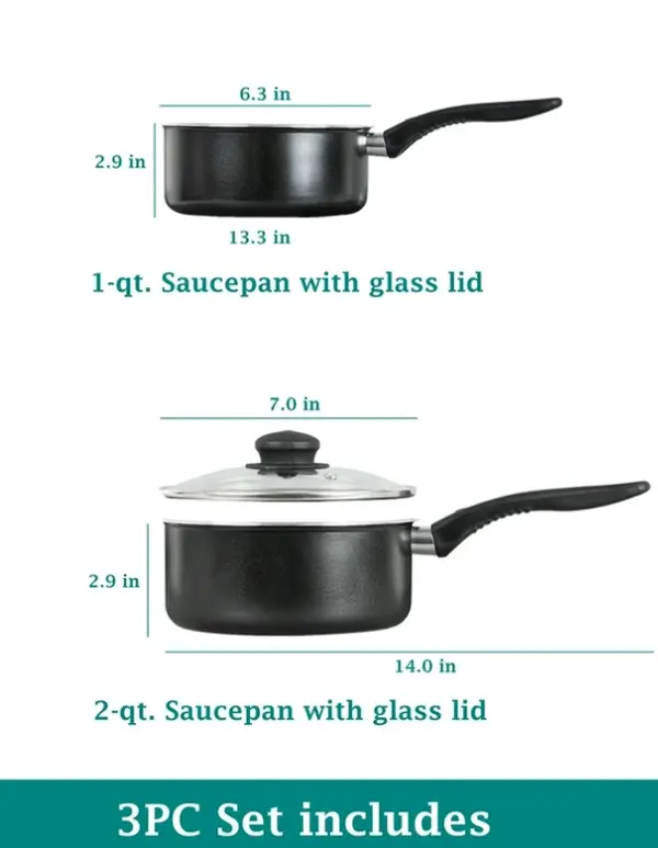 3 Piece Non-Stick Sauce Pans, Black, Set Includes 1Quart & 2Quart Sauce Pan with Single Lid Cookware Aluminium cooking pans