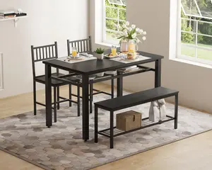 Garvee Farmhouse Modern Kitchen Dining Table Chair Set for 4 with 47-Inch Table, Bench, Chairs, Metal Frame, Storage Shelf, and Space-Saving Design