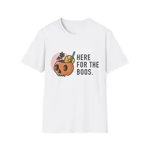 Gildan Here for the Boos Halloween T-Shirt Unisex Spooky Seasonal Top for October Party Wear Fall Celebration Shirt Casual Cotton Fabric Women's Wear