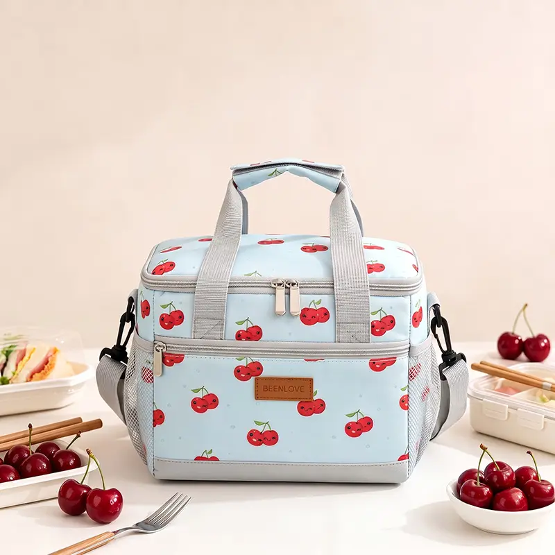 Women's Cute Cherry Print Insulated Lunch Bag, Multi-Pocketed Thermal Reusable Bag with Side Mesh Pockets, Front Pocket for Outdoor Use, Lunch Bags For Women