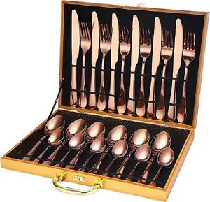 chandler 24 Pieces Cutlery Set Shiny Golden Stainless Steel 410 18/0 0% Nickel Golden Wood Bag Dinner Spoons Dinner Knives Dinner Forks Tea Spoons
