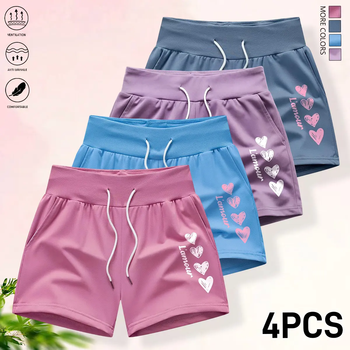 Set of 4 women’s fashion shorts: solid color design, drawstring elastic waistband, adjustable; can be worn as women’s sports shorts or summer casual wear; women’s shorts, summer shorts. women