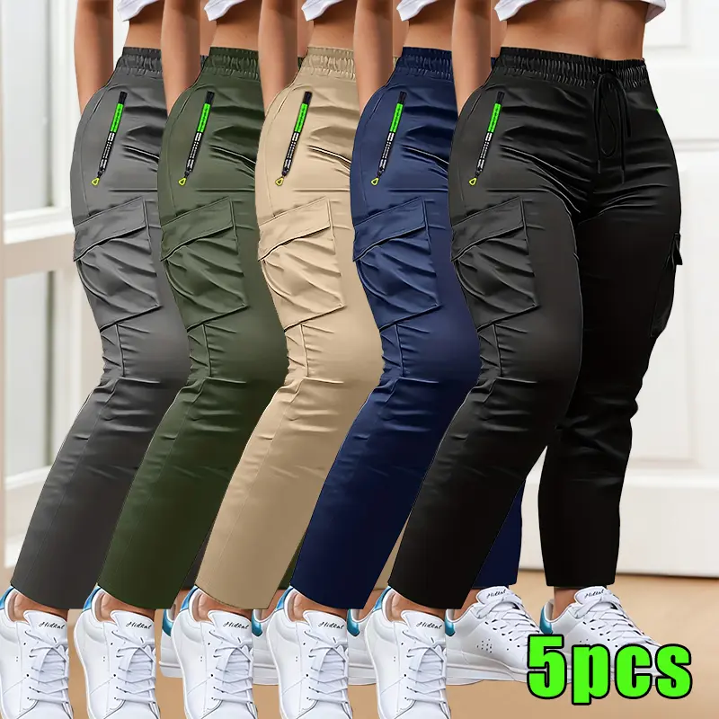 Women’s 5-pack all-season cargo pants with letter print and green color, featuring zippered pockets and a fashionable large patch pocket design. Casual outdoor long pants with a drawstring elastic waistband, suitable for slow jogging and everyday wear; wo