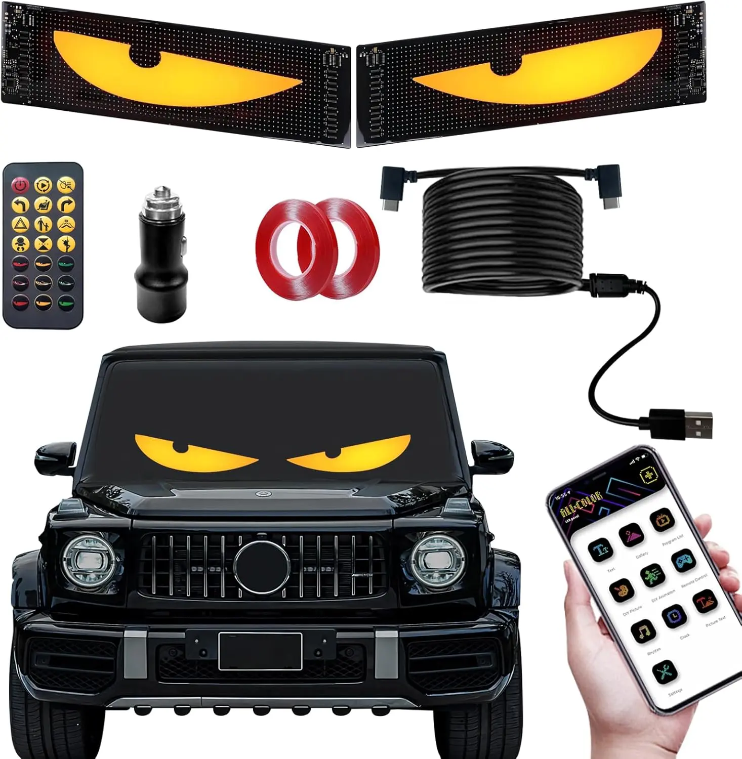 Synchronized Devil Led Eyes Light for Car Windshield, 15"x4" Programmable ojos led para carro Sign, Full Color Electra Eyes for Truck, DIY Led Matrix Panel, Smart App & Remote Contro