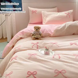 3-Piece Embroidered Bow Pattern Bedding Set, Includes Duvet Cover & Pillowcases, Soft and Comfortable Bedding for Bedroom Decor, All-Season Use