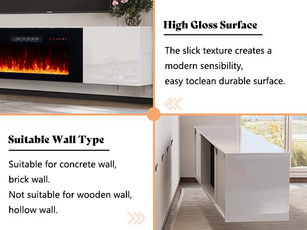 [Ships in 2 Boxes] AMERLIFE Floating TV Stand with Electric Fireplace, High Gloss Finish Wall Mounted Fireplace Entertainment Center with Storage/Best Gift Ideas/Christmas Gifts