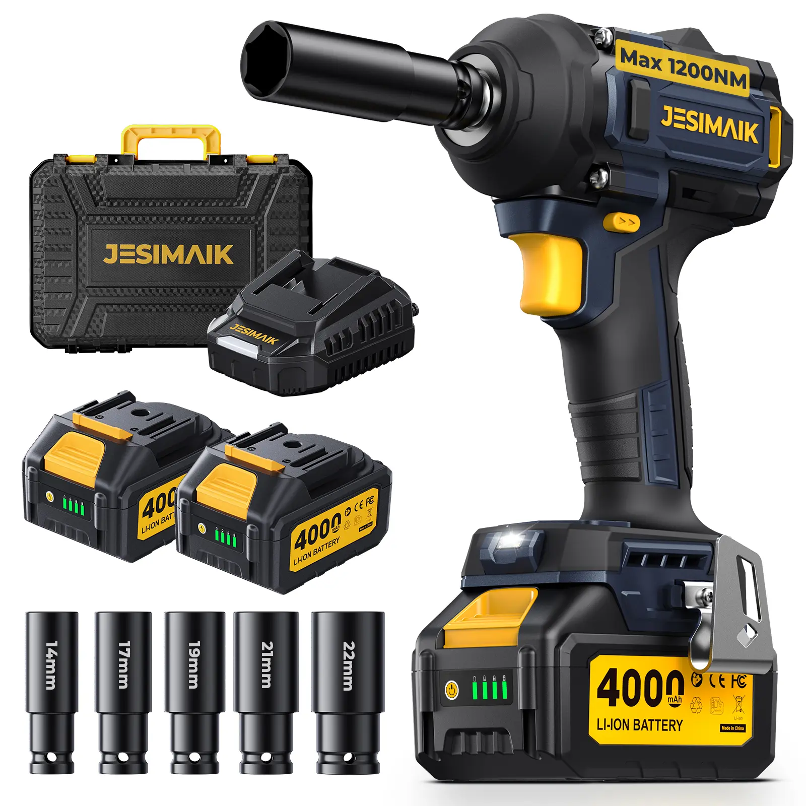 1200-2000N.M High Torque Cordless Impact Wrench 1/2" Brushless Impact Gun 21V Electric Impact Wrench with 2×4.0Ah Batteries 4 Impact Modes 5 Sockets for Truck RV Car & Heavy Duty